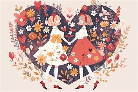 Premium Photo Lesbian Anime Couple Inside Floral Heart Illustration Valentine Romantic Background