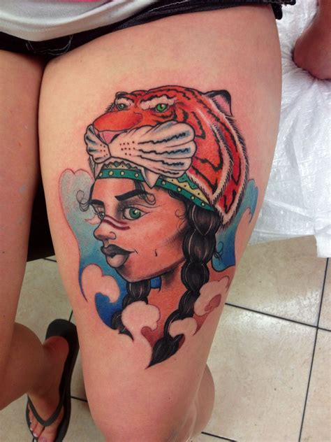 Native American/tiger head tattoo | Tiger head tattoo, Tattoos, Native american girls