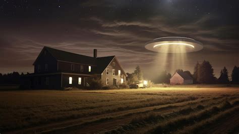 Premium AI Image | Flying saucer flying over house in country ranch ...