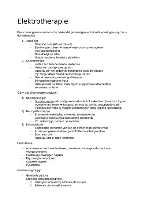 Elektrotherapie Samenvatting Elektrotherapie Pijn Onaangename