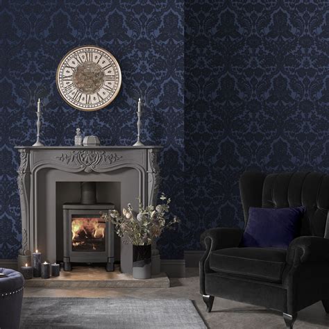 Gothic Damask Flock Cobalt Wallpaper