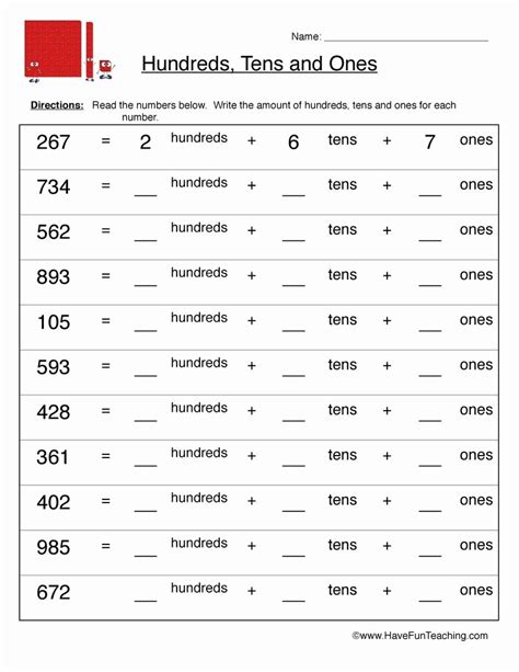 Math Hundreds Tens Ones Worksheet