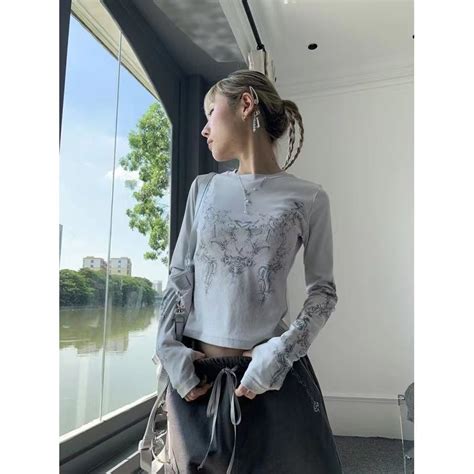 American Retro Hot Girl Y2k Top Set Niche Totem Art Print Punk Ya Culture Tight Top Long Sleeve