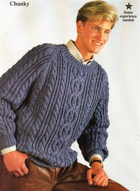 Mens Chunky Aran Sweater Knitting Pattern Pdf Bulky Mans Cable Jumper