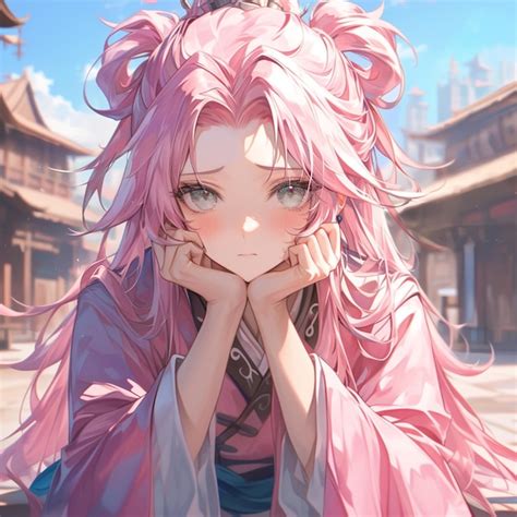 Premium Photo Anime Girl With Pink Hair And Blue Eyes Sitting In A Courtyard Generative Ai