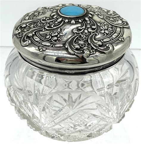 American Brilliant Cut Glass Sterling And Turquoise Dresser Jar By