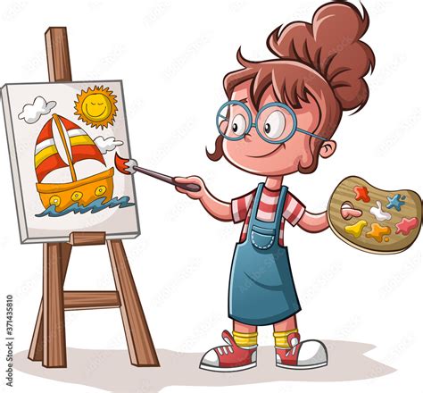 Cartoon girl painting a boat on canvas Stock Vector | Adobe Stock