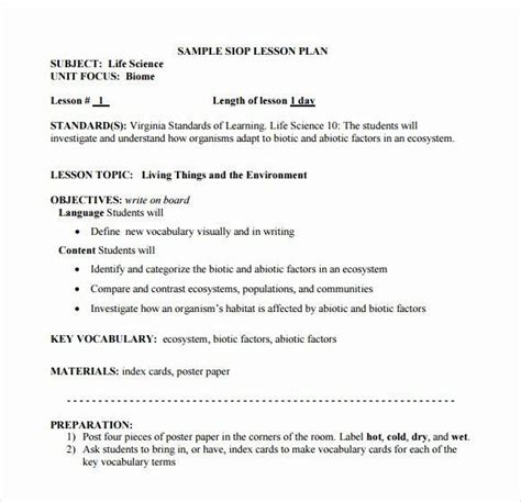 20 Siop Lesson Plan Template 2