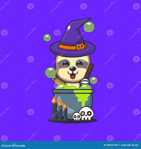 Witch Sloth Making Potion In Halloween Day Cute Halloween Cartoon