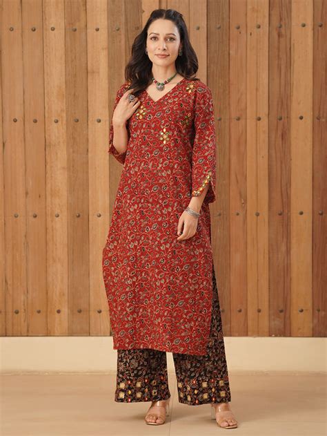 Buy Maroon Ajrakh Hand Block Printed Cotton Embroidered Kurta Ajk Krt