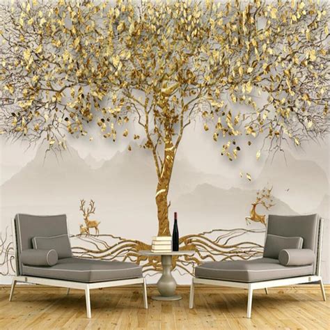 Milofi Custom Large 3d Wallpaper Mural Gold Foil Forest Elk Scenery