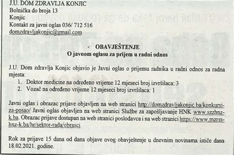 Javni Konkurs Za Prijem U Radni Odnos U JU Dom Zdravlja Konjic