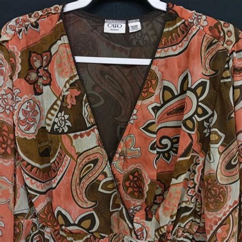 Cato Brown Pink Paisley Floral Print Sheer Panel Lined Long Sleeve Top