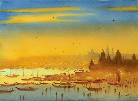 Aarti At Banaras Ghat By Artist Ganesh Hire Nature Art Watercolor