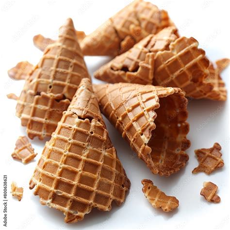 Ice Cream Wafer Cones Isolated On White Background With Broken Wafer