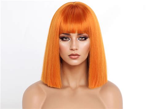 Bestung Short Orange Bob Wigs With Bangs Short Straight