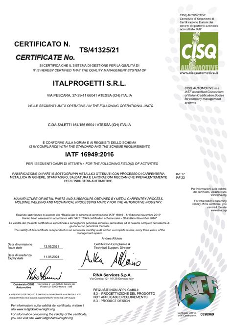 CERTIFICATO IATF 16949 2016 Italprogetti