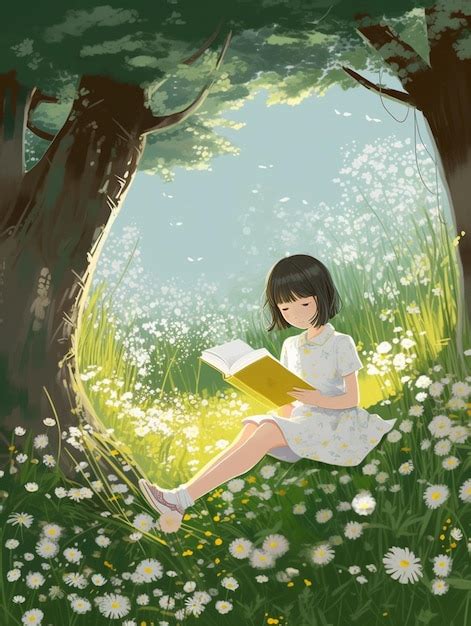 Premium Ai Image There Is A Girl Sitting In The Grass Reading A Book