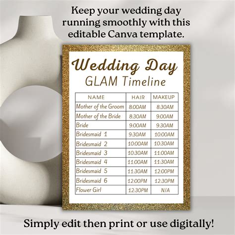 Wedding GLAM Hair And Makeup Timeline Printable Wedding Day Itinerary