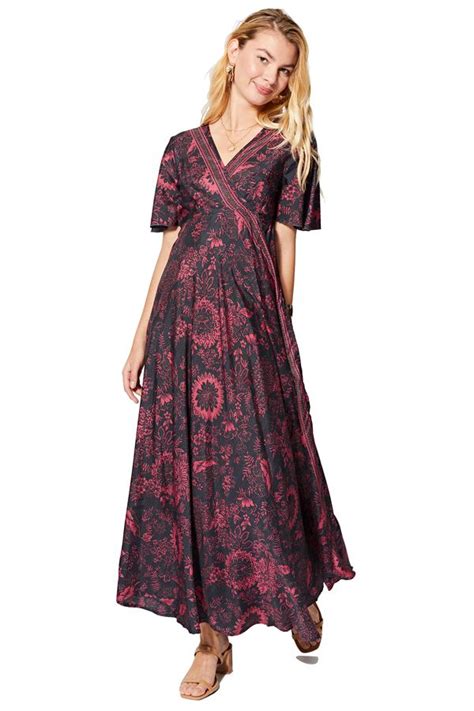 Robe Longue Portefeuille Femme Noire Imprim Fleurs Suzuha