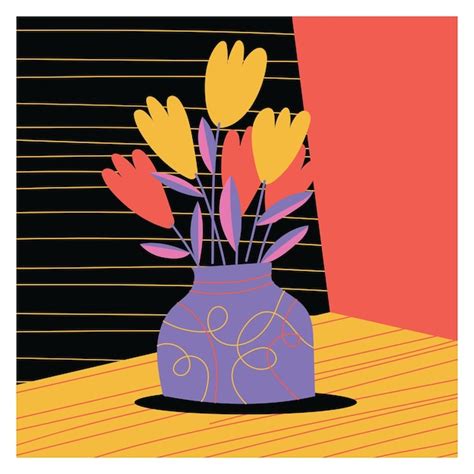 Coloridas flores y plantas en florero ilustración vectorial dibujada a