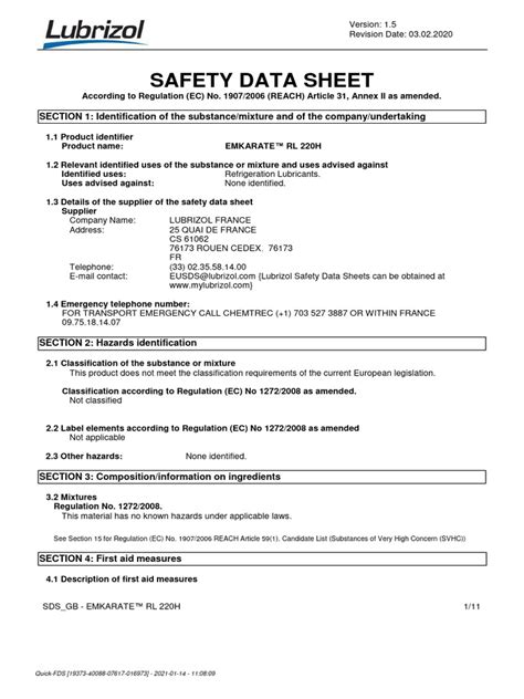 Emkarate Rl220h Msds V1 5 Pdf Personal Protective Equipment Toxicity