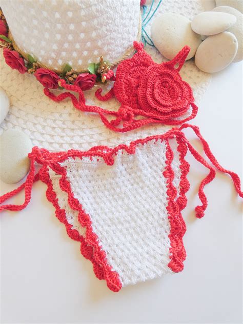 Bikini all uncinetto neonata Bikini bianco e rosso bebè Etsy Italia