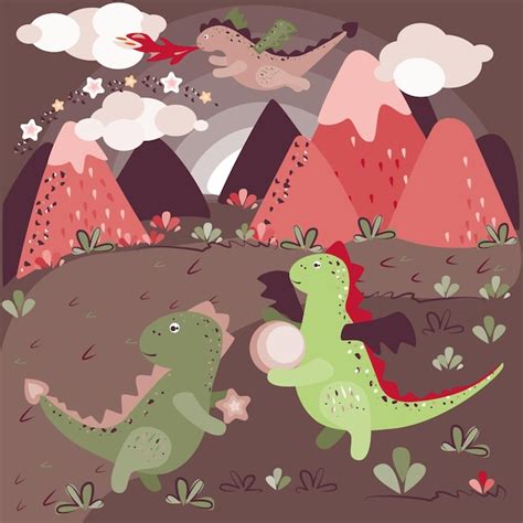 Dinosaurios De Dibujos Animados Lindo Vector Premium