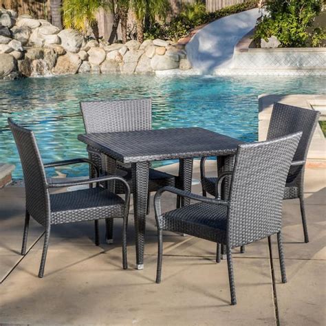 Noble House Delani Gray 5 Piece Faux Rattan Patio Outdoor Dining Set