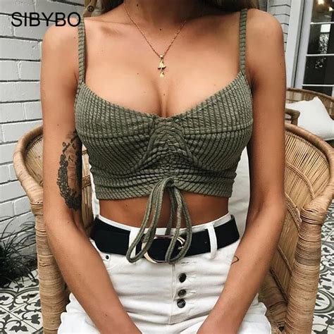 Sibybo Spaghetti Strap Short Summer Women Tops V Neck Sleeveless Backless Slim Crop Top Women