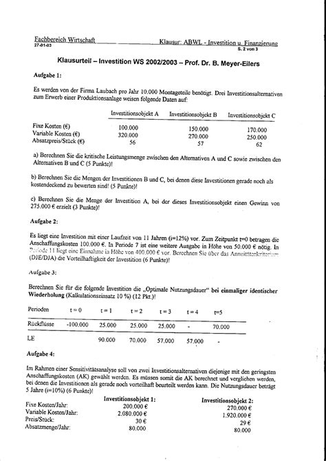 Klausur Investition Sommersemester 2019 Investition Und