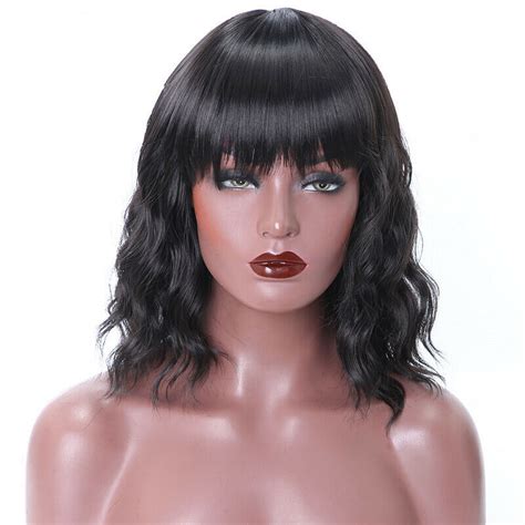 Black Wavy Wigs With Bangs Womens Short Black Bob Wig Synthetic