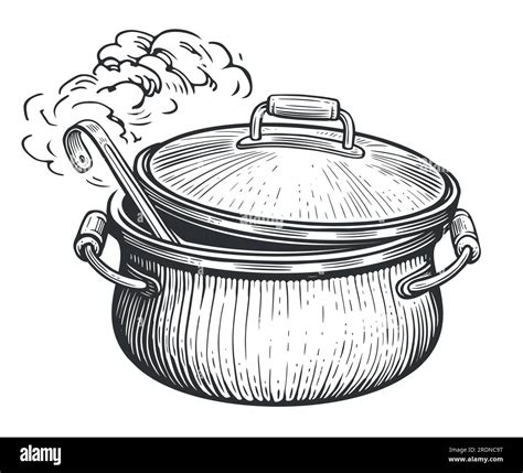 Cooking Food Kitchen Pot With Lid And Ladle Sketch Vintage Vector