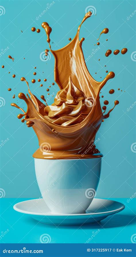 Dynamic Splash Of Coffee With Cream In White Cup On Blue Background High Speed Photography