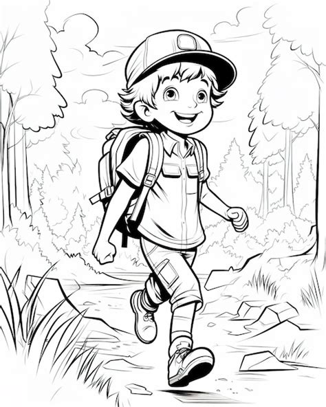 Ni O De Dibujos Animados Con Mochila Y Sombrero Caminando Por El Bosque