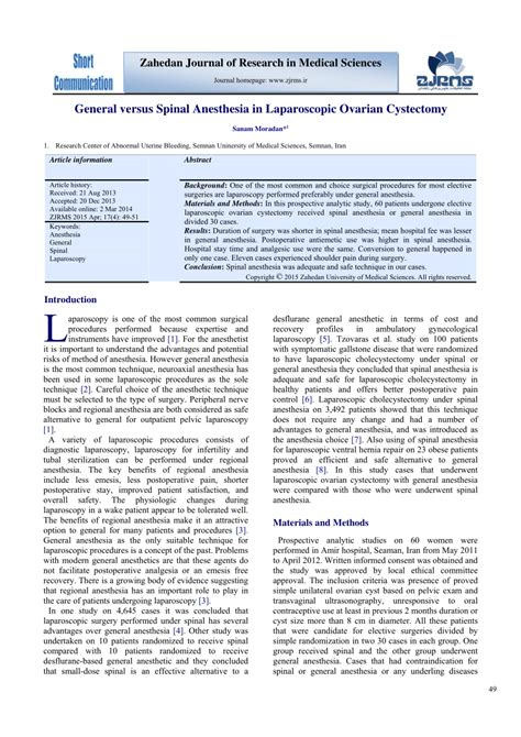 (PDF) General Versus Spinal Anesthesia in Laparoscopic Ovarian Cystectomy