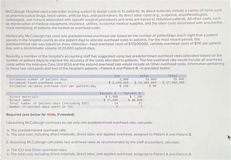 Solved Mccullough Hospital Uses A Job Order Cost Solutioninn