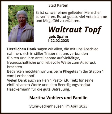 Traueranzeigen Von Waltraut Topf Trauer Kreiszeitung De