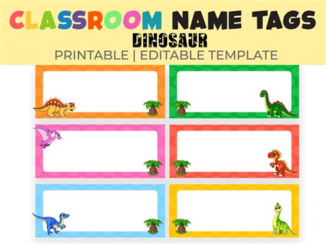 Classroom Name Tags Template Dinosaur Editable Printable Elementary ...