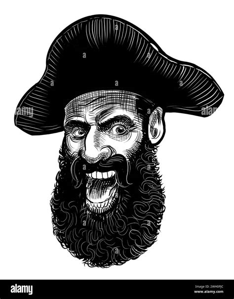 Laughing Pirate Head Hand Drawn Black And White Illustration Stock