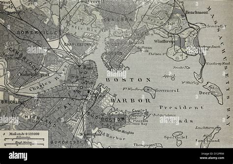 Vintage Old Map Of Boston Harbor At The End Of 19th Century Stock Photo