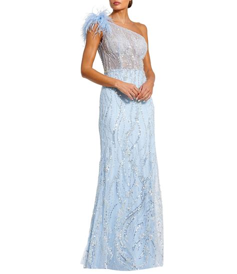 Mac Duggal Feathered One Shoulder Embroidered Applique Gown Dillards