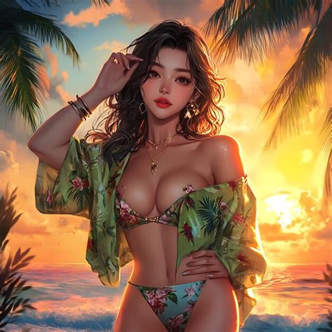 Woman In Bikini Posing On Tropical Beach At Sunset Premium AI