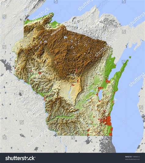 Wisconsin Shaded Relief Map With Major Urban Areas Surrounding