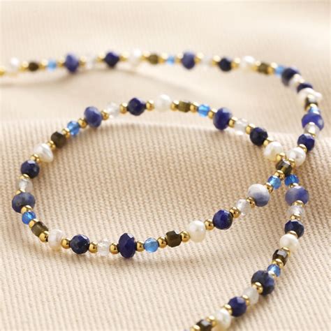 Blue Semi Precious Stone Bead Necklace In Gold Lisa Angel