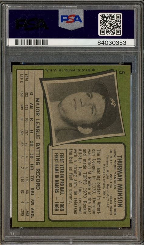 1971 Topps 5 Thurman Munson PSA 6 5 Centered Appears Near Mint Yankees