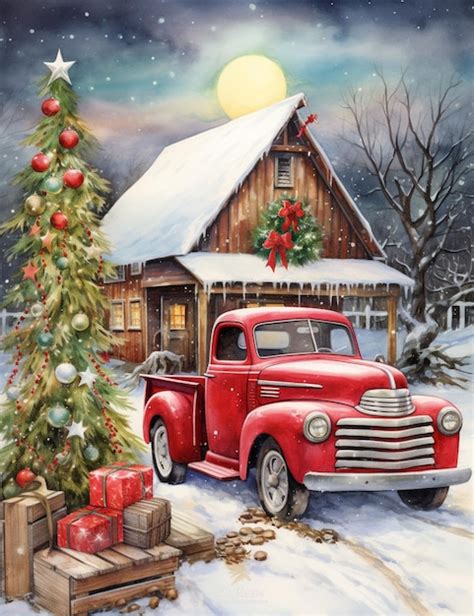 Premium AI Image | Painting of a red truck parked in front of a christmas tree generative ai