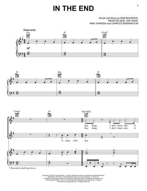 In The End By Linkin Park Sheet Music For Piano Vocal And Guitar Chords