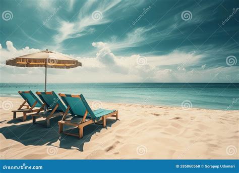 Relaxing On A Beach Chair Under An Umbrella On A Sandy Beach Stock