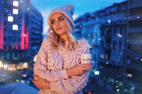 Women Blonde Face Snow Portrait Hat Balcony Blue Eyes Sweater